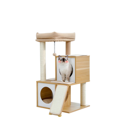 Cat standing in the upper condo of a cream wooden cat tree