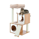 Tabby cat on a wooden cat tree with two condos, top bed and scratching ramp