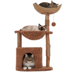 EcoPawPaw 102cm Natural Wood Cat Tree with Woven Basket & Cozy Cat House