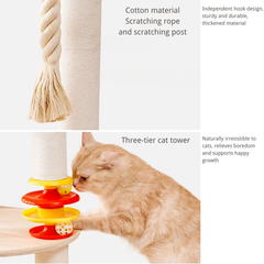 Natural Solid Oak Cat Tree – Modern Z-Shaped Wooden Cat Tower with Hammock & Scratching Posts (154 cm Tall)