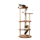 Two cats resting on a multi-level wooden cat tree with a curved brown top perch