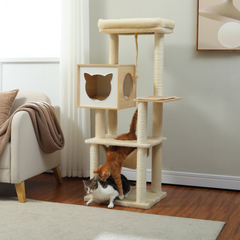 EcoPawPaw 132cm Modern Wooden Cat Tree with Cozy Condo, Hammock & Large Top Perch
