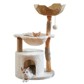 Wooden cat tree with woven basket, plush hammock and condo, with two cats