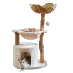 Wooden cat tree with woven basket, plush hammock and condo, with two cats