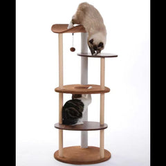 Two cats climbing and sitting on a multi-level wooden cat tree