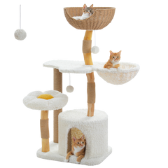 EcoPawPaw Natural Wood Cat Tree with Handwoven Rattan Basket, Hammock & Cat Condo | 123cm Luxury Cat Tower for Indoor Cats