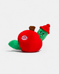 Red apple plush dog toy with green worm