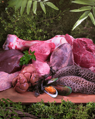 Raw beef, organs, bone and mussels arranged on a board