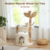 Illustration of cats using a 40-inch wooden cat tree with a two-layer base