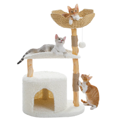 Cats on a natural wood cat tree with a woven basket, curved perch and plush condo