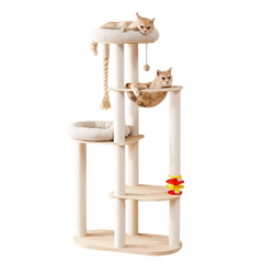 Natural Solid Oak Cat Tree – Modern Z-Shaped Wooden Cat Tower with Hammock & Scratching Posts (154 cm Tall)