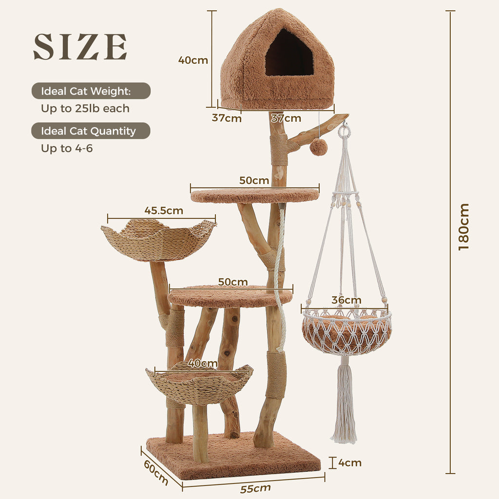 EcoPawPaw Luxury Natural Wood Cat Tree 180cm | Multi-Cat Tower