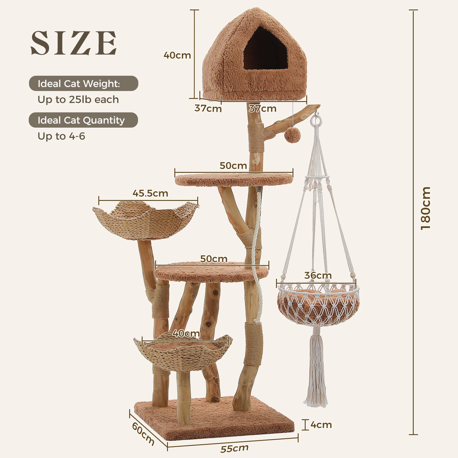 EcoPawPaw Luxury Natural Wood Cat Tree 180cm | Multi-Cat Tower