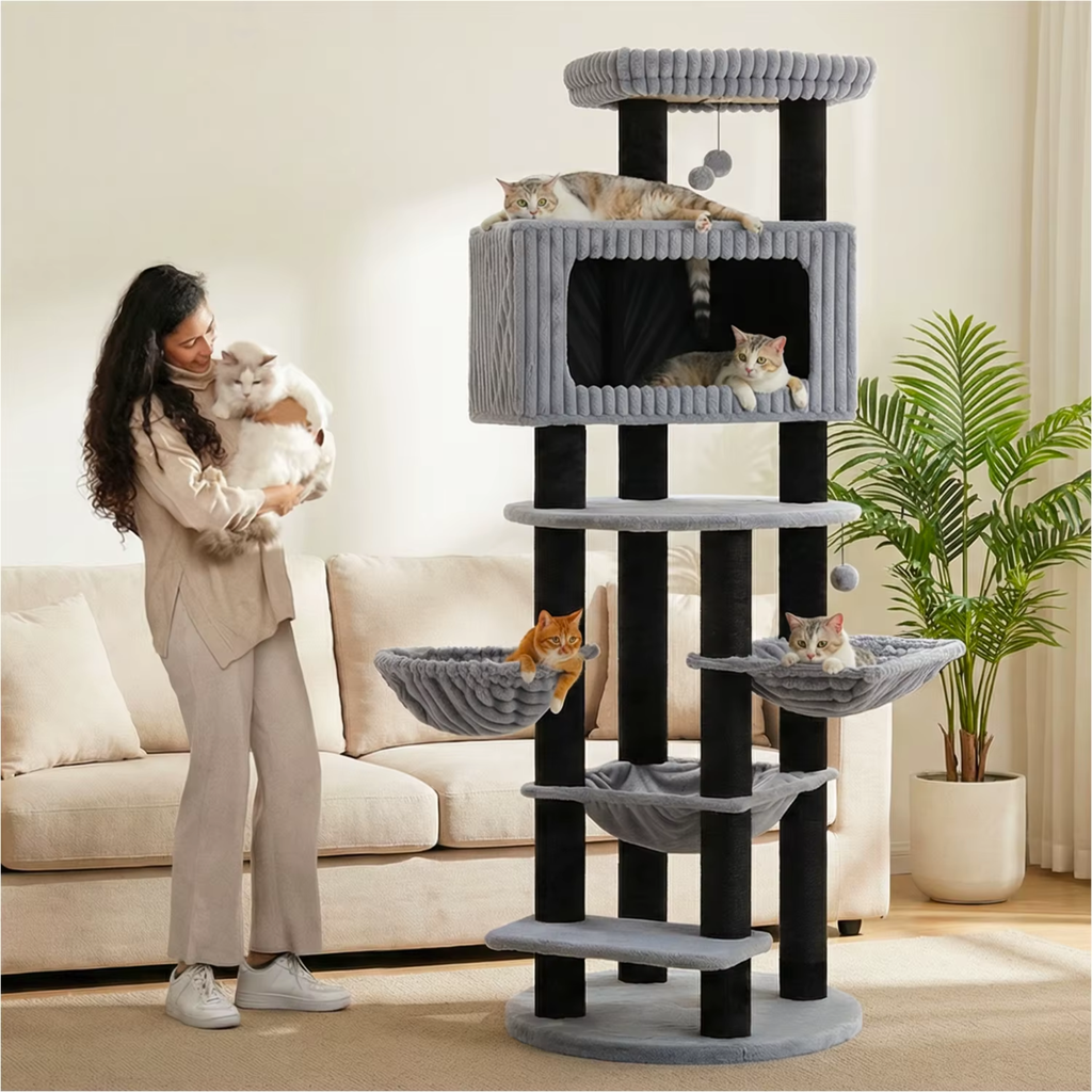 EcoPawPaw Luxury XXL Cat Tree for Large Cats – Multi-Level Cat Tower with 3 Hammocks, Spacious Condo & Thick Scratching Posts