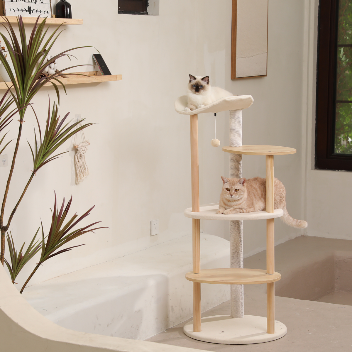 EcoPawPaw 124.5cm Japanese Minimalist Wooden Cat Tree – Modern Japandi Cat Tower with Scratching Post, Washable Pads & Perches