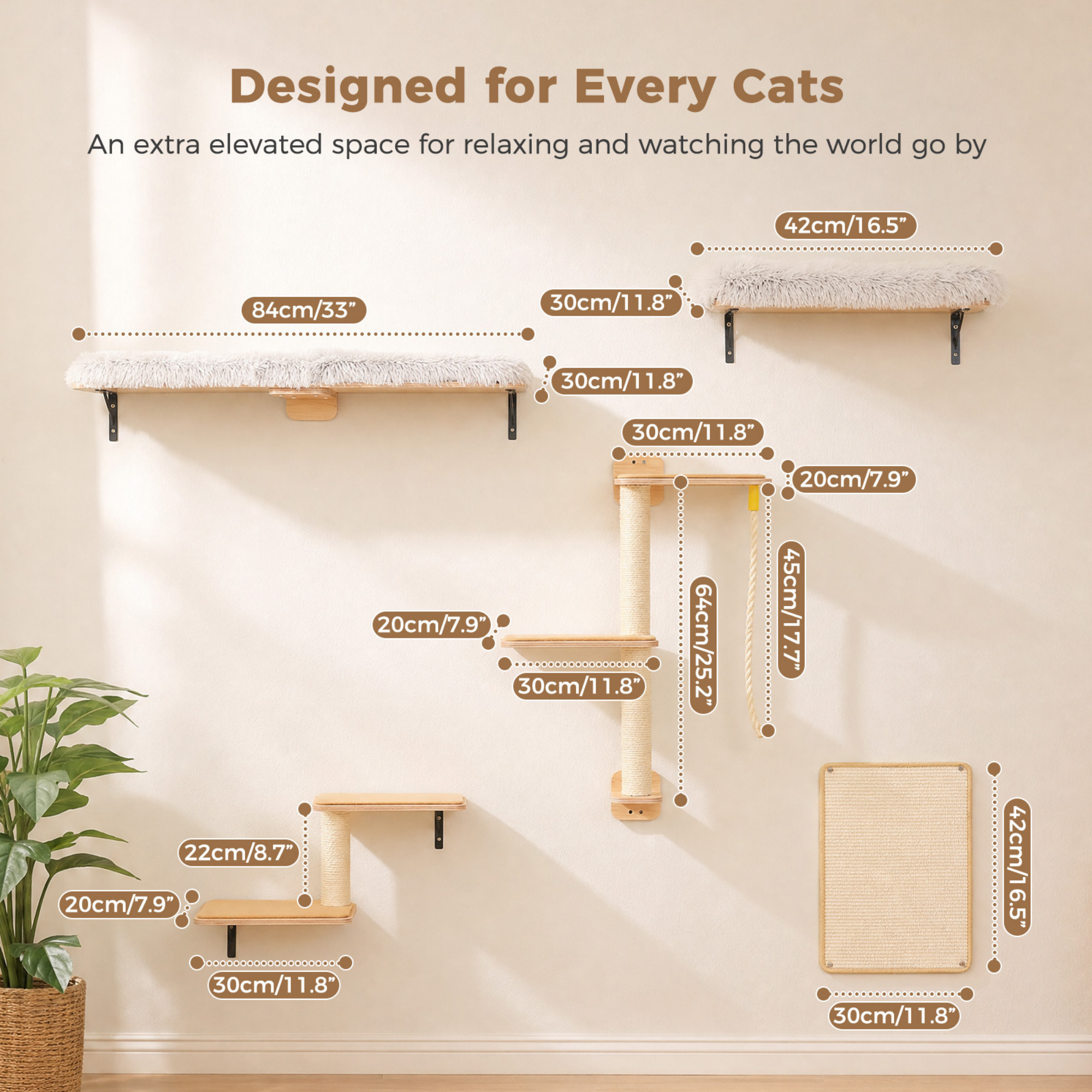 EcoPawPaw Natural Wall-Mounted Cat Climbing Set