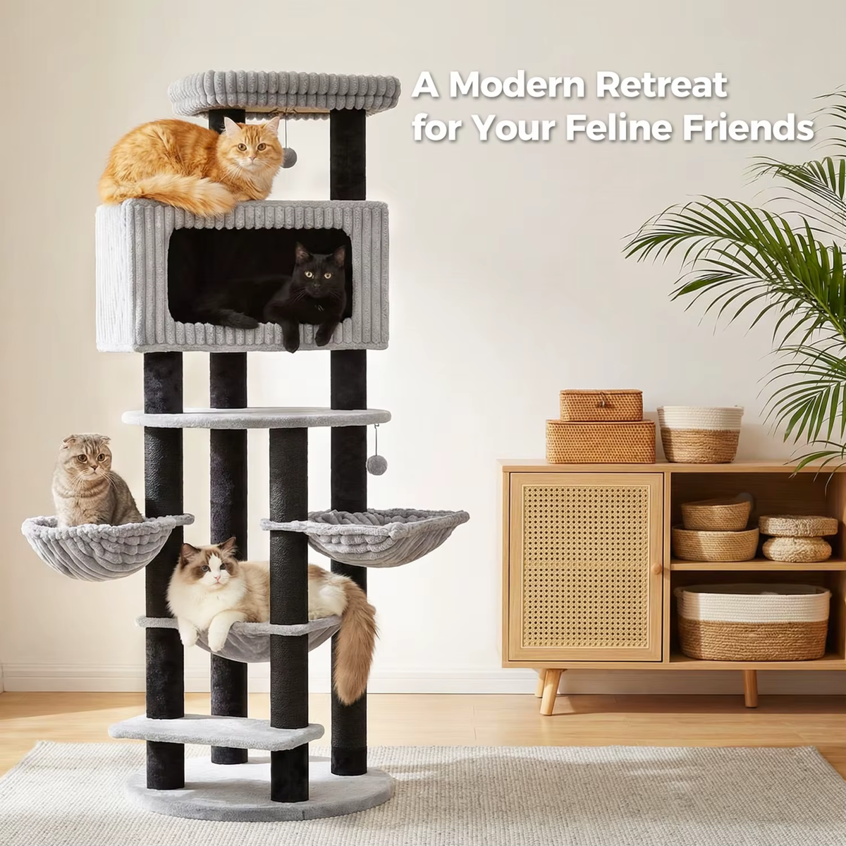 EcoPawPaw Luxury XXL Cat Tree for Large Cats – Multi-Level Cat Tower with 3 Hammocks, Spacious Condo & Thick Scratching Posts
