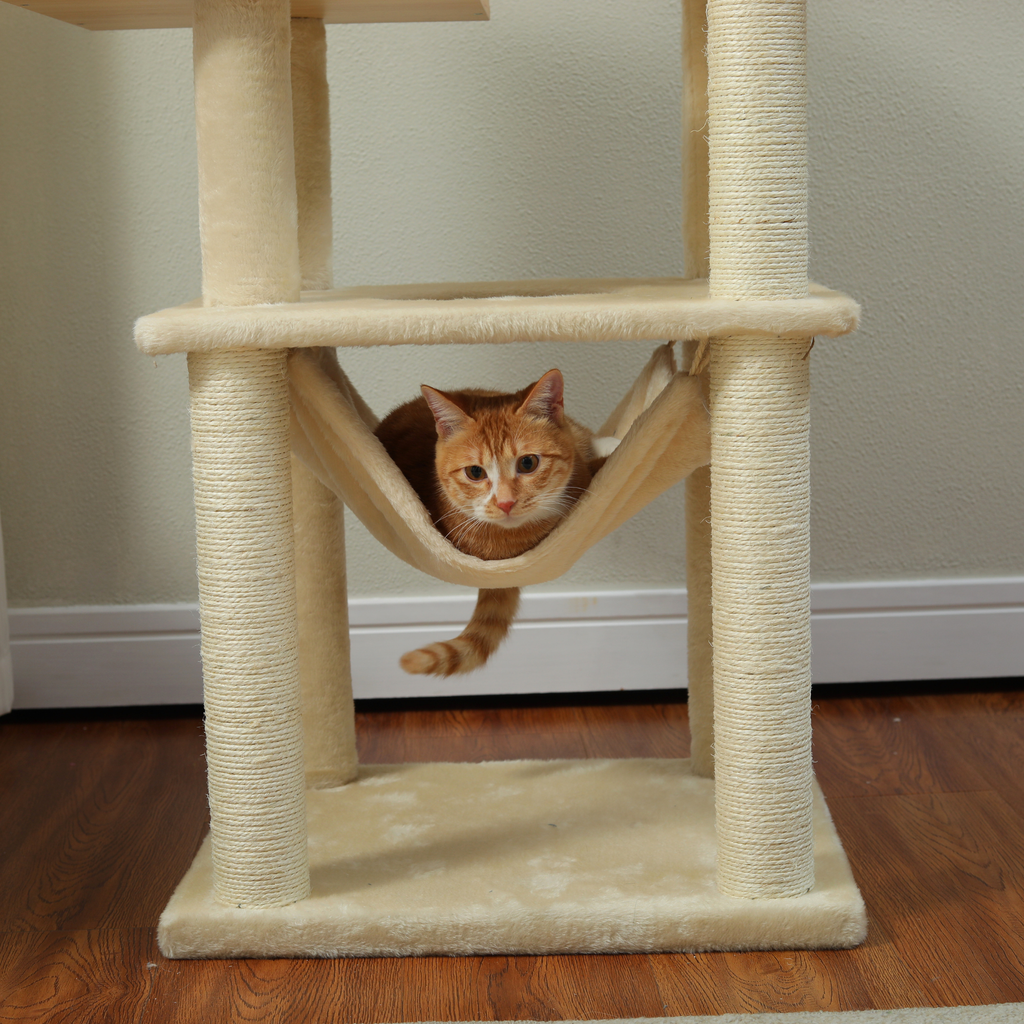 EcoPawPaw 132cm Modern Wooden Cat Tree with Cozy Condo, Hammock & Large Top Perch