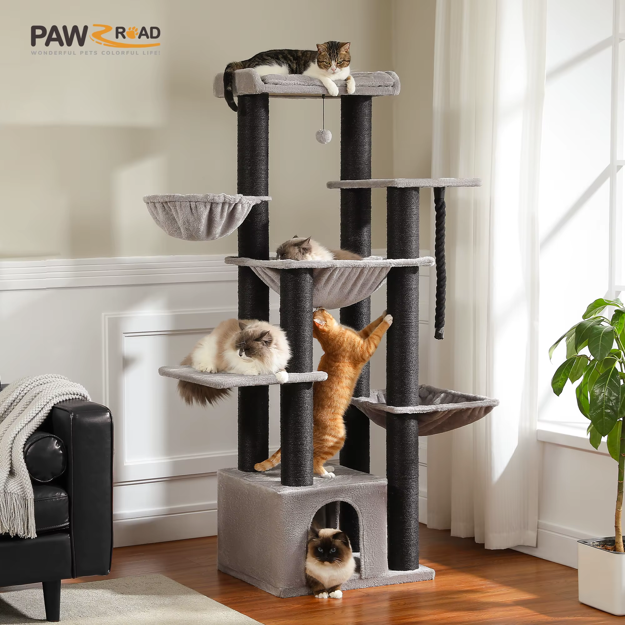 Ecopawpaw XXL Cat Tree for Large Cats 170CM – Heavy Duty Cat Tower with Extra Thick Sisal Posts, Hammocks, Condo & Large Platforms for Maine Coons