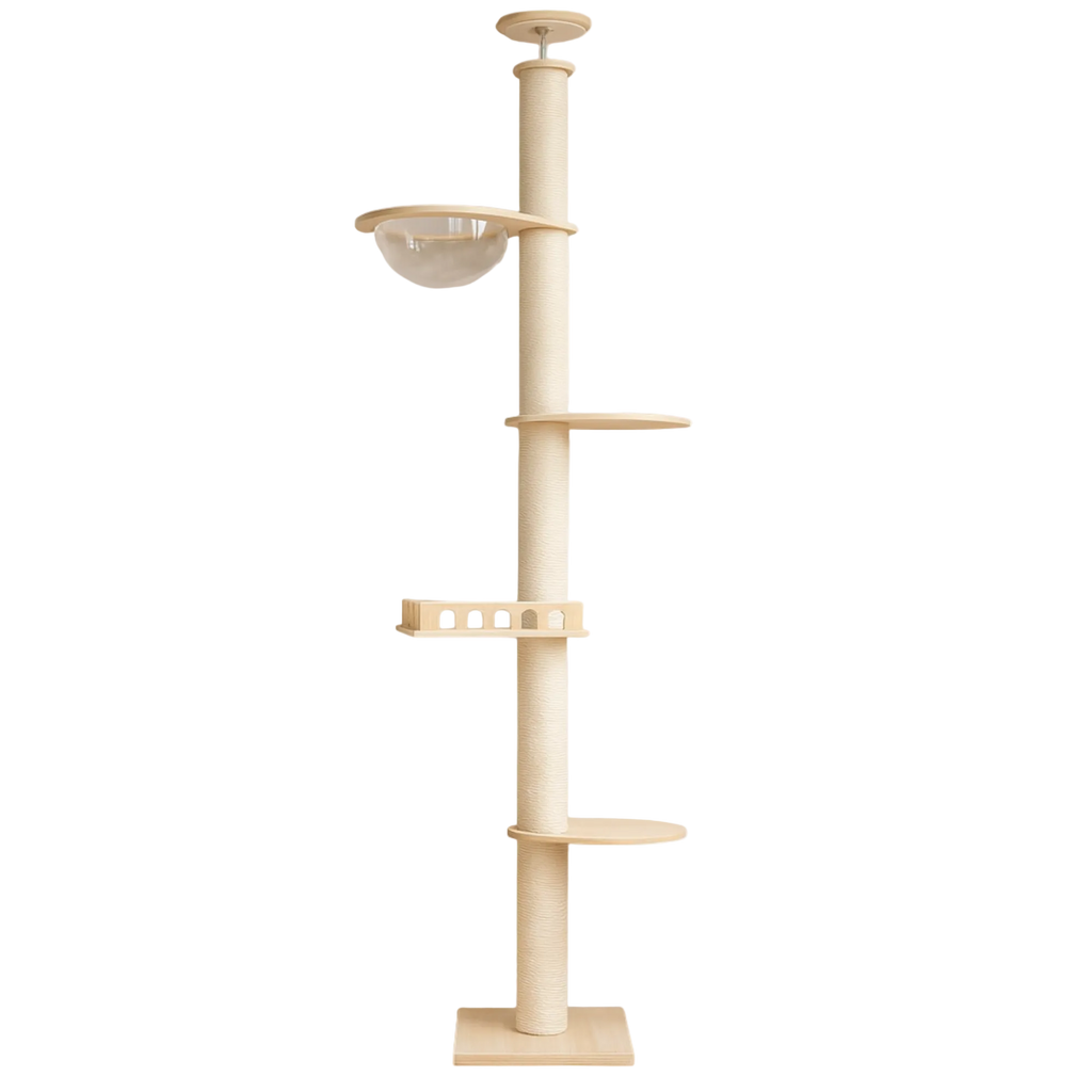 Adjustable Ceiling-to-Floor Solid Oak Cat Tree (240–280 cm)