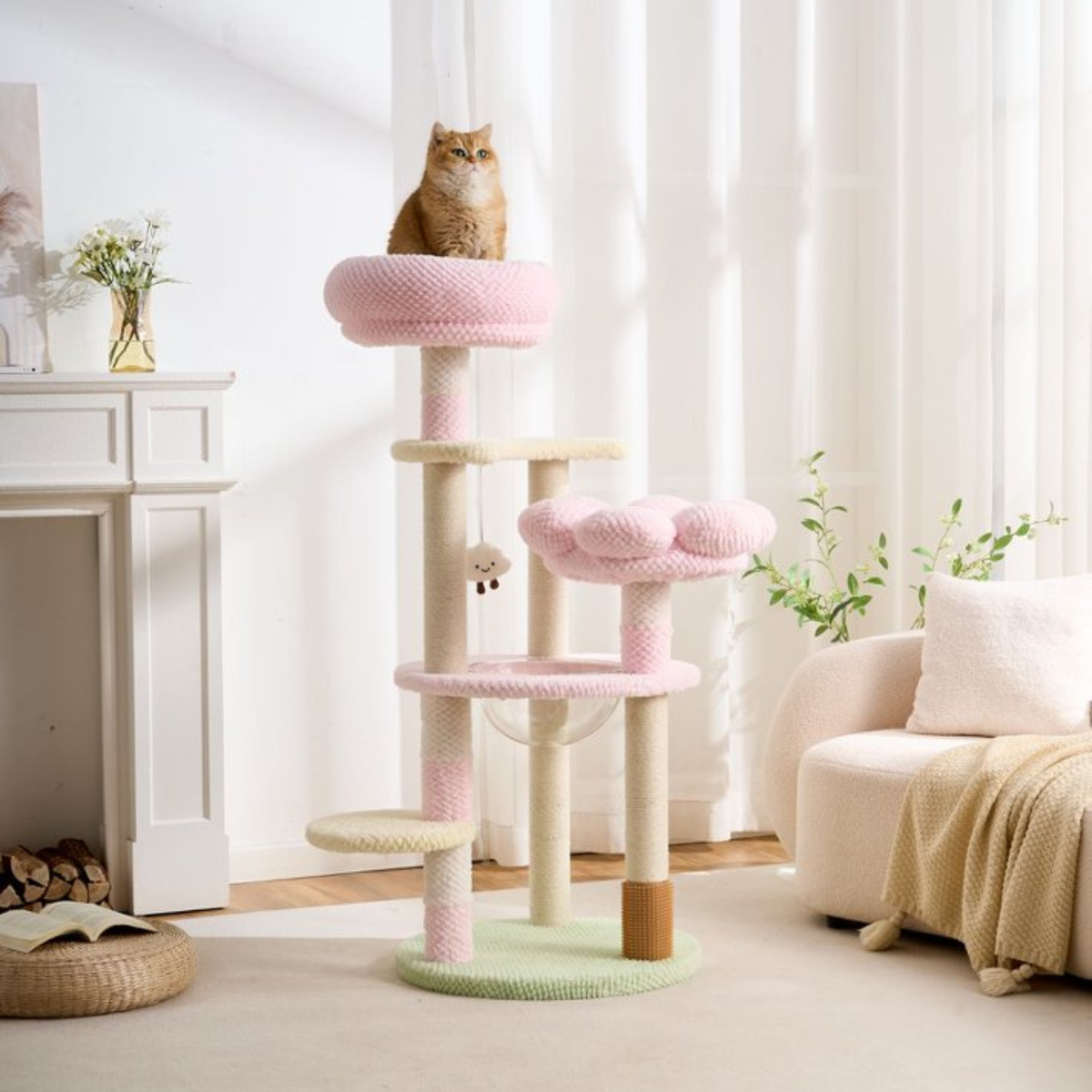 EcoPawPaw 128cm Pink Flower Cat Tree with Transparent Hammock & Sisal Scratching Posts