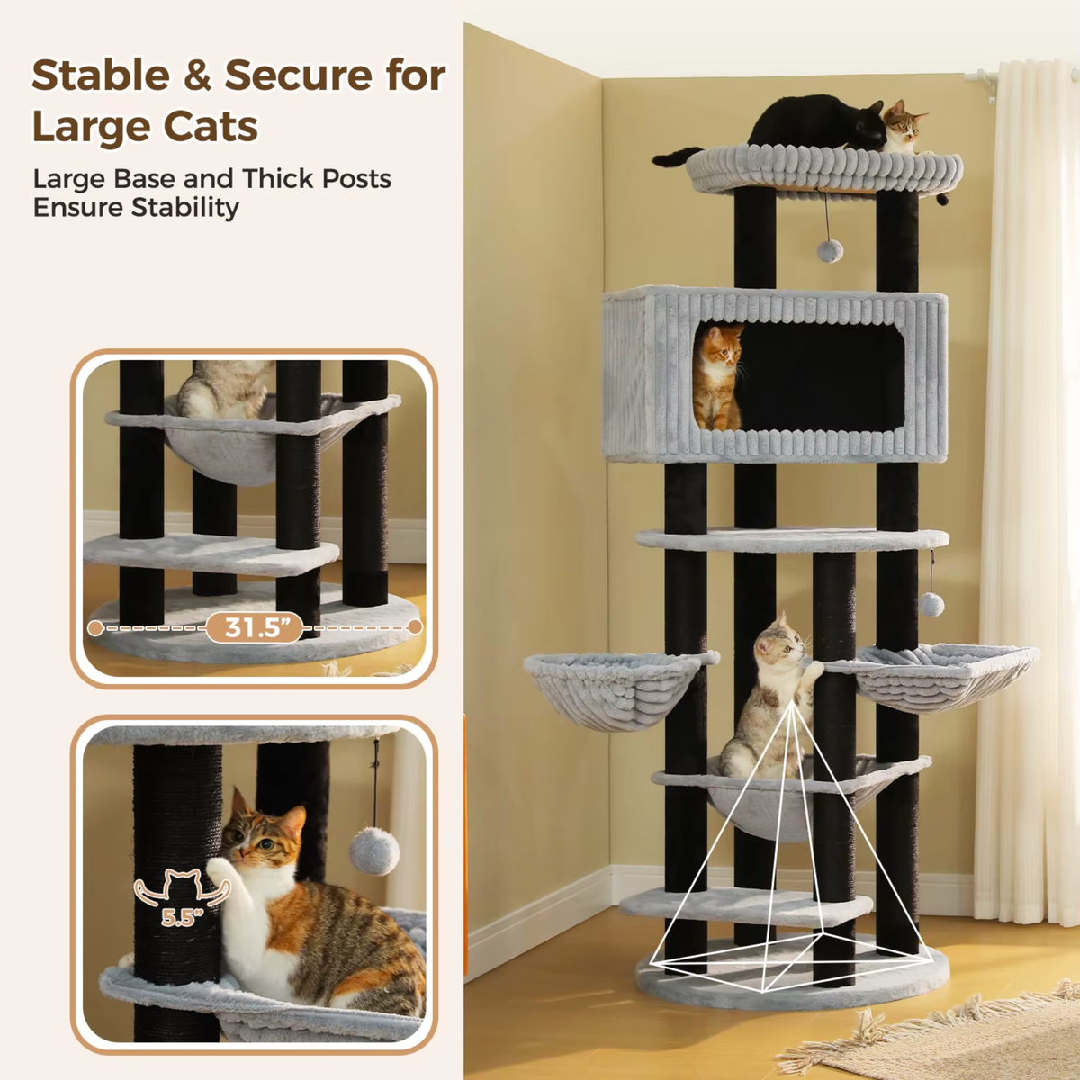 EcoPawPaw Luxury XXL Cat Tree for Large Cats – Multi-Level Cat Tower with 3 Hammocks, Spacious Condo & Thick Scratching Posts