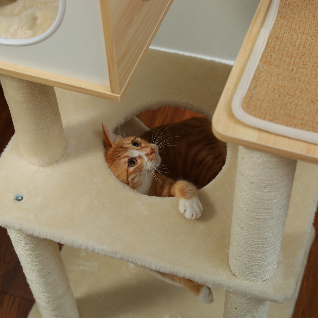 EcoPawPaw 132cm Modern Wooden Cat Tree with Cozy Condo, Hammock & Large Top Perch