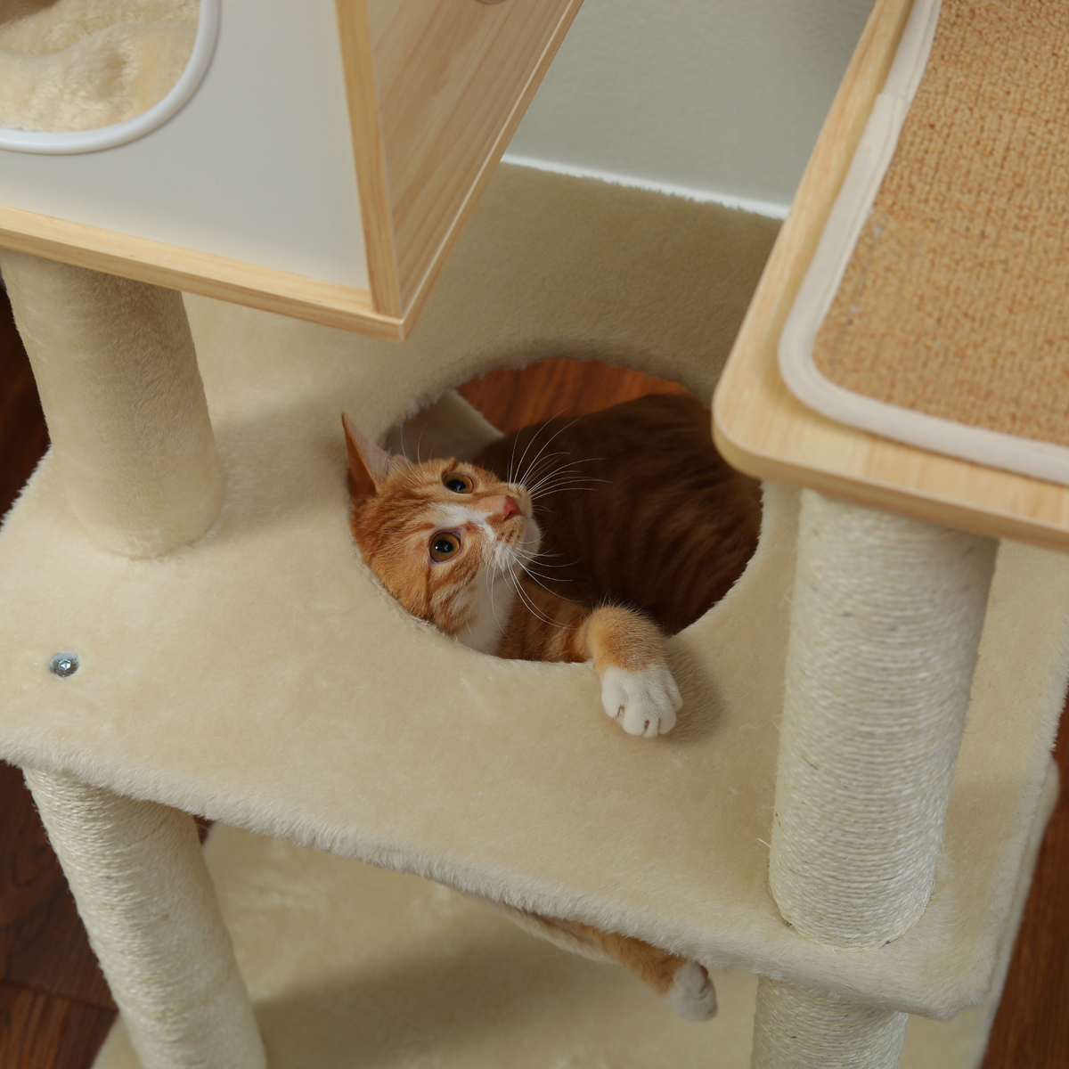 EcoPawPaw 132cm Modern Wooden Cat Tree with Cozy Condo, Hammock & Large Top Perch