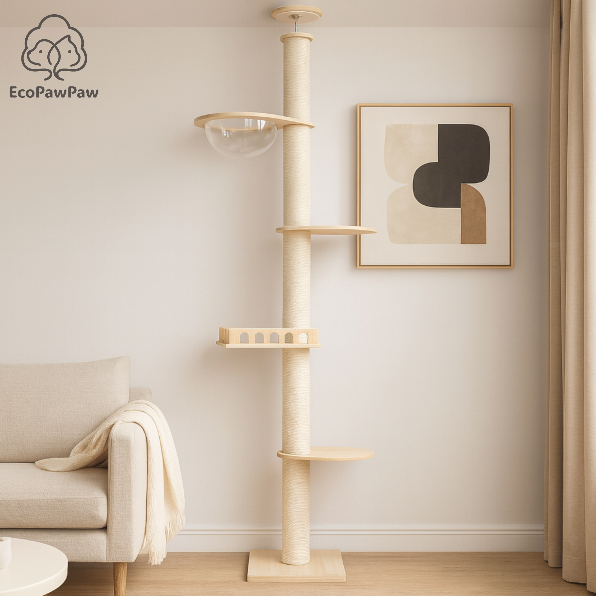 Adjustable Ceiling-to-Floor Solid Oak Cat Tree (240–280 cm)