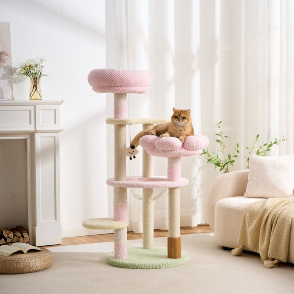 EcoPawPaw 128cm Pink Flower Cat Tree with Transparent Hammock & Sisal Scratching Posts