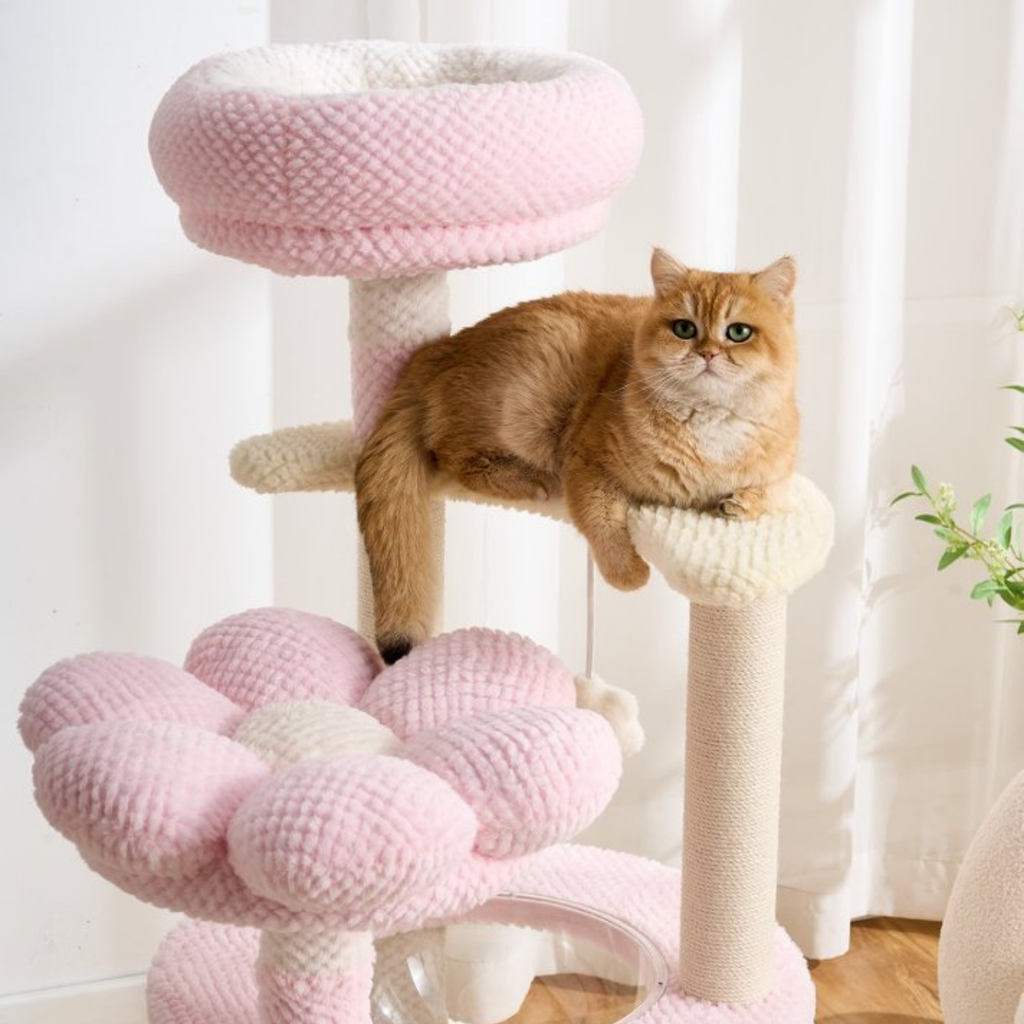 EcoPawPaw 128cm Pink Flower Cat Tree with Transparent Hammock & Sisal Scratching Posts