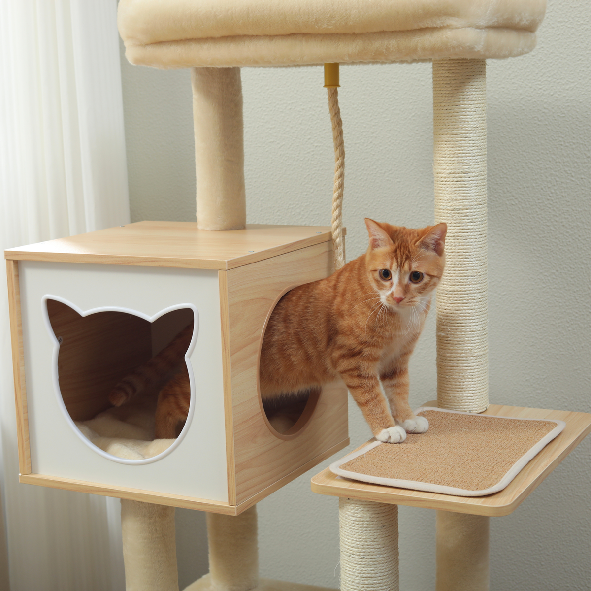 EcoPawPaw 132cm Modern Wooden Cat Tree with Cozy Condo, Hammock & Large Top Perch