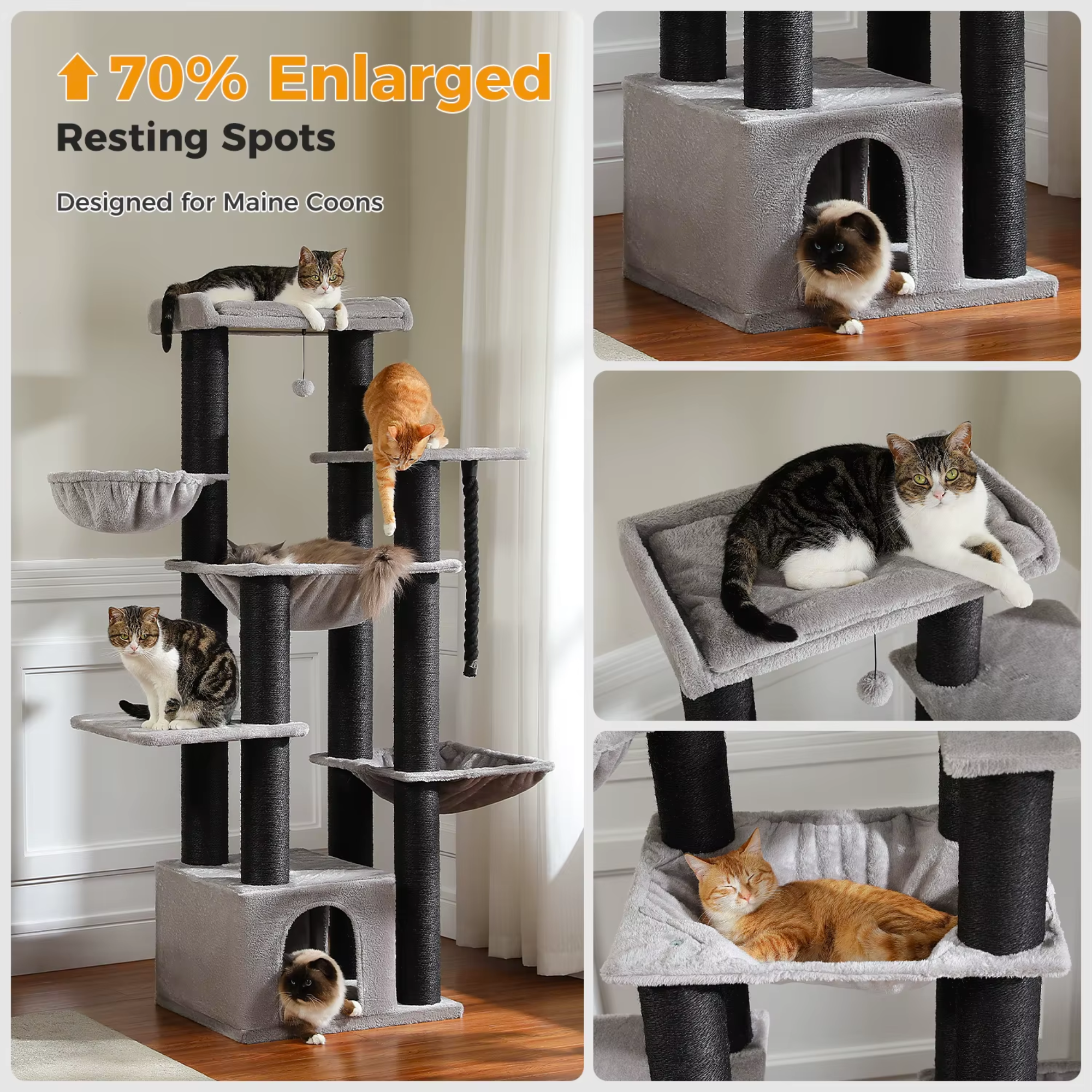 Ecopawpaw XXL Cat Tree for Large Cats 170CM – Heavy Duty Cat Tower with Extra Thick Sisal Posts, Hammocks, Condo & Large Platforms for Maine Coons