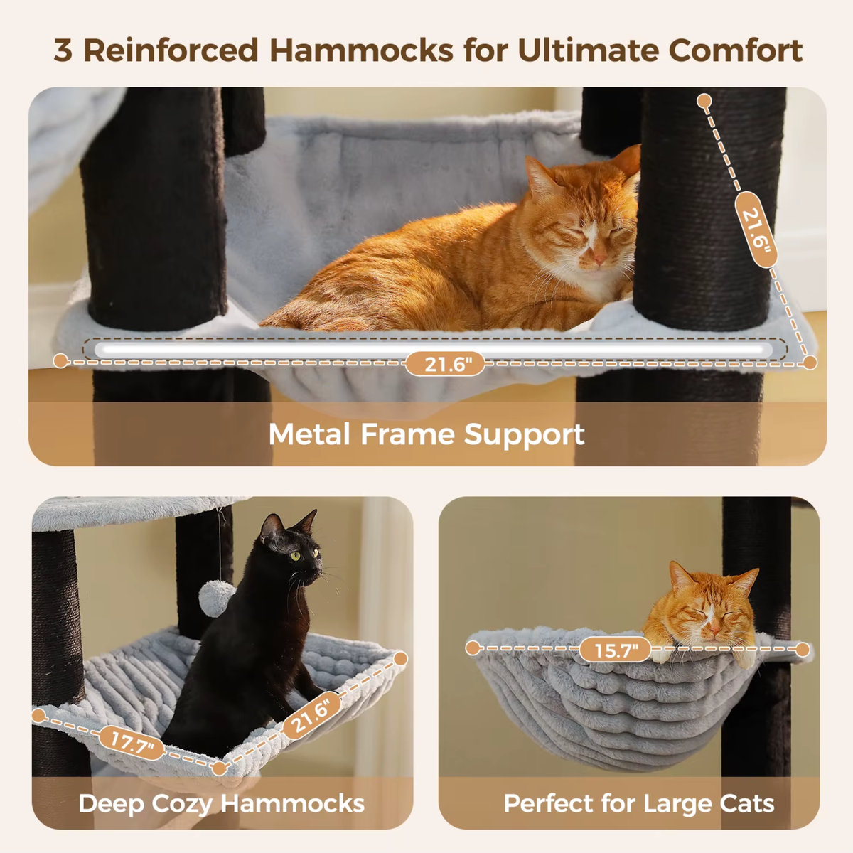 EcoPawPaw Luxury XXL Cat Tree for Large Cats – Multi-Level Cat Tower with 3 Hammocks, Spacious Condo & Thick Scratching Posts