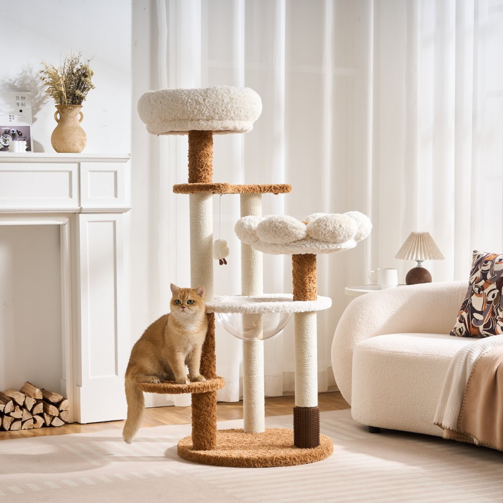 EcoPawPaw 128cm Flower Cat Tree with Transparent Hammock & Sisal Scratching Posts