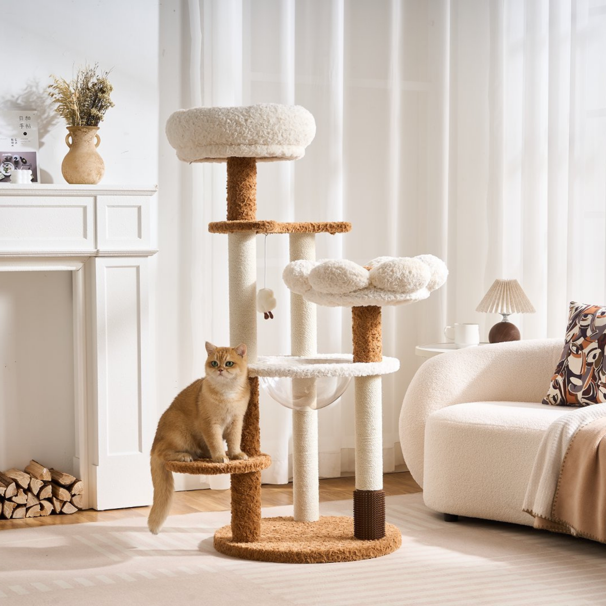 EcoPawPaw 128cm Flower Cat Tree with Transparent Hammock & Sisal Scratching Posts