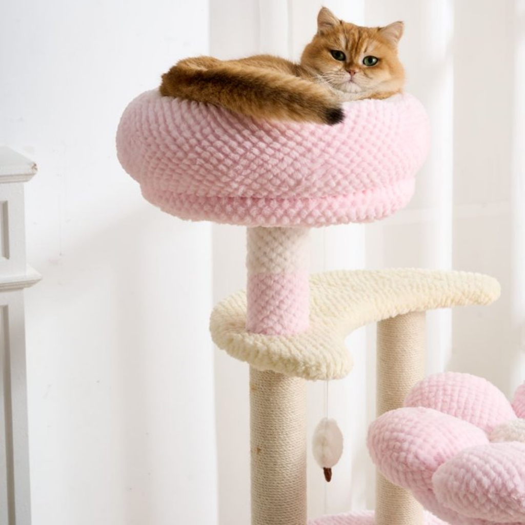 EcoPawPaw 128cm Pink Flower Cat Tree with Transparent Hammock & Sisal Scratching Posts