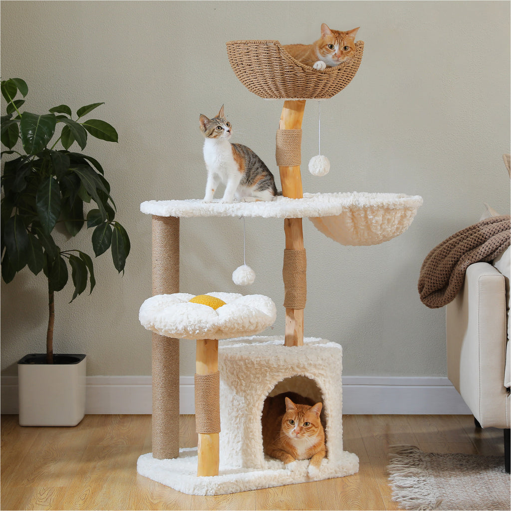 EcoPawPaw Natural Wood Cat Tree with Handwoven Rattan Basket, Hammock & Cat Condo | 123cm Luxury Cat Tower for Indoor Cats