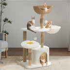 EcoPawPaw Natural Wood Cat Tree with Handwoven Rattan Basket, Hammock & Cat Condo | 123cm Luxury Cat Tower for Indoor Cats