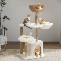 EcoPawPaw Natural Wood Cat Tree with Handwoven Rattan Basket, Hammock & Cat Condo | 123cm Luxury Cat Tower for Indoor Cats