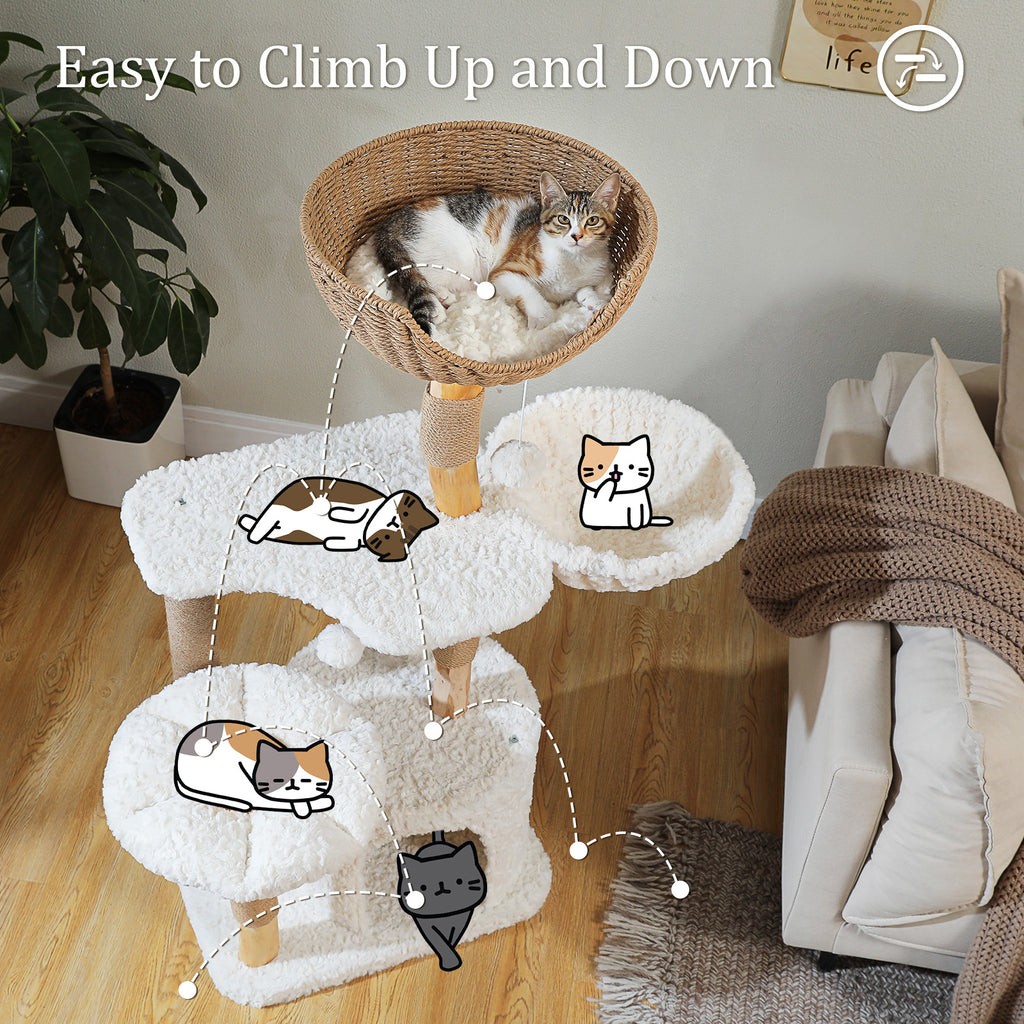 EcoPawPaw Natural Wood Cat Tree with Handwoven Rattan Basket, Hammock & Cat Condo | 123cm Luxury Cat Tower for Indoor Cats