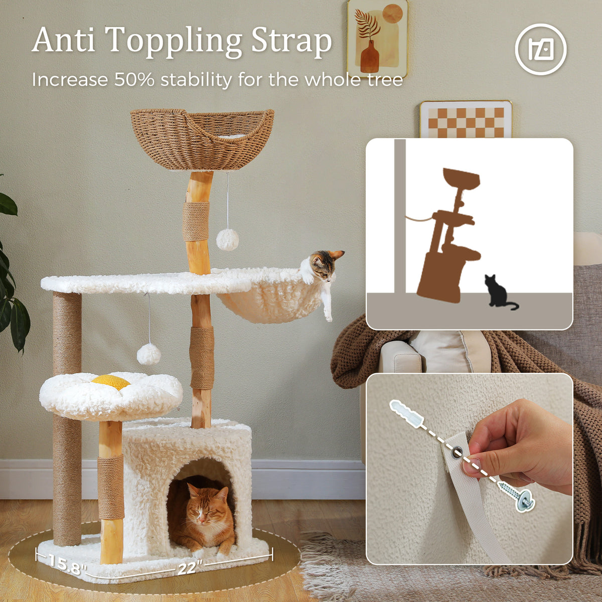 EcoPawPaw Natural Wood Cat Tree with Handwoven Rattan Basket, Hammock & Cat Condo | 123cm Luxury Cat Tower for Indoor Cats