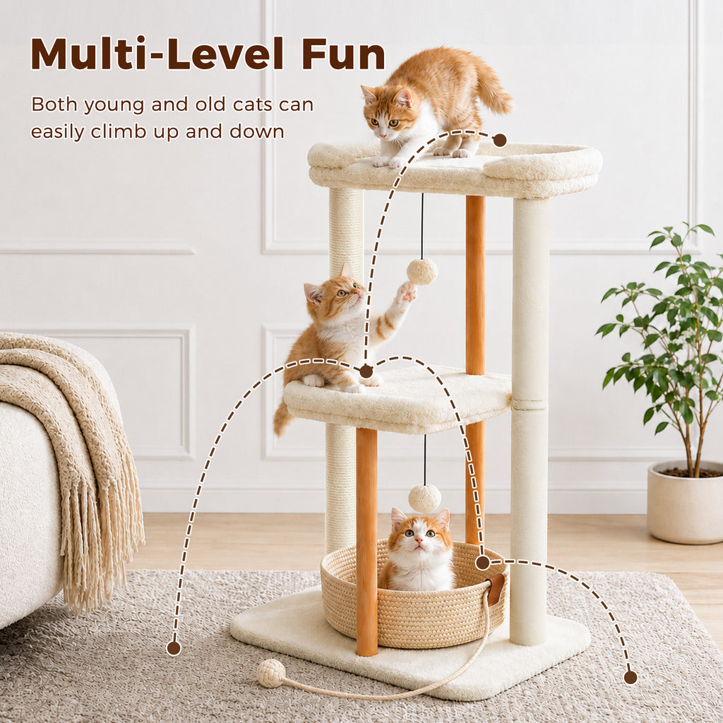 EcoPawPaw 88cm Premium Beech Wood Cat Tree – Large Top Bed, Removable Cat Basket & Sisal Scratching Post