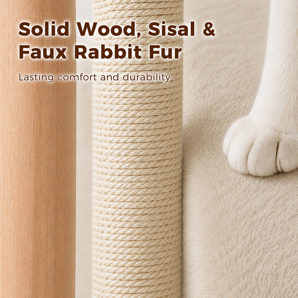 EcoPawPaw 88cm Premium Beech Wood Cat Tree – Large Top Bed, Removable Cat Basket & Sisal Scratching Post