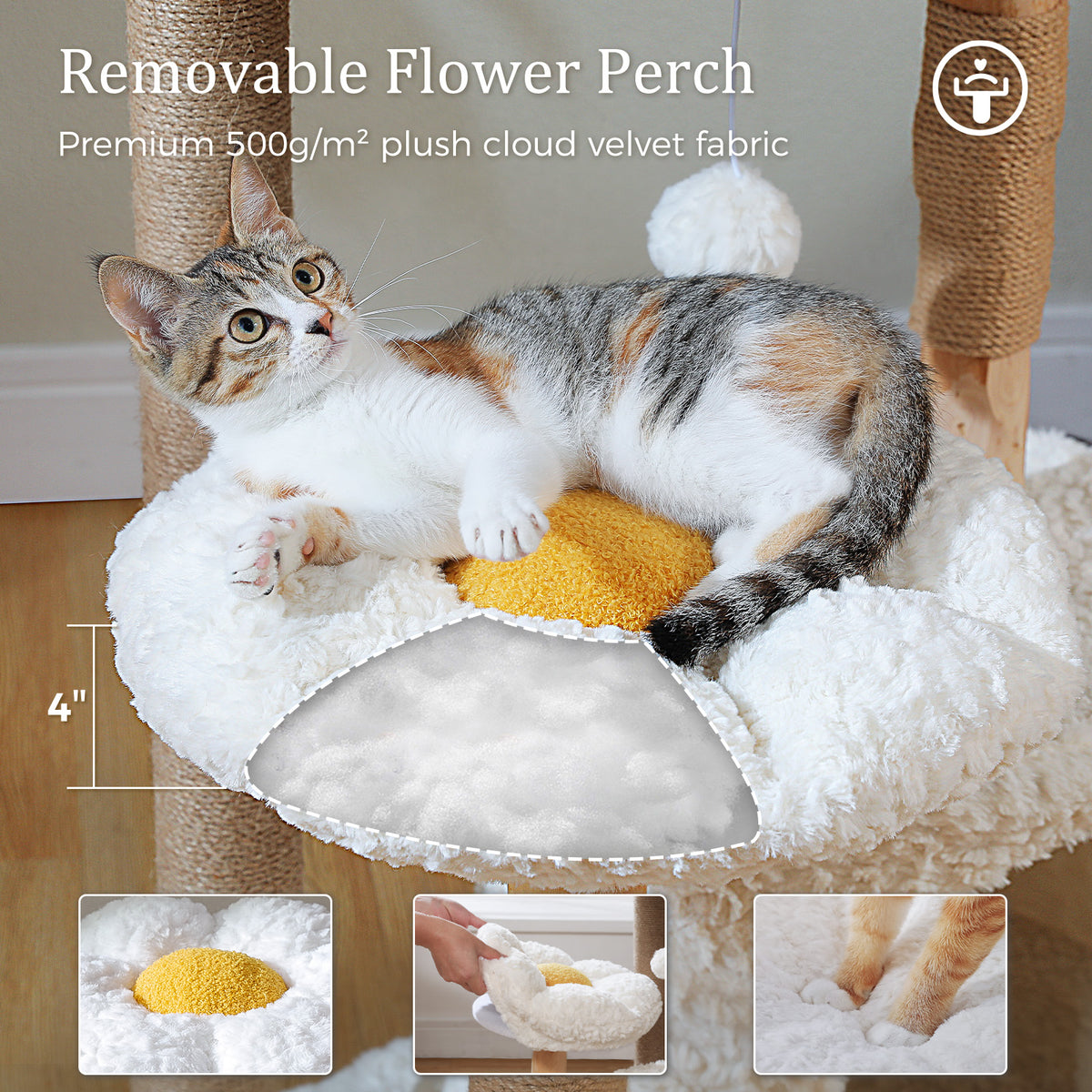 EcoPawPaw Natural Wood Cat Tree with Handwoven Rattan Basket, Hammock & Cat Condo | 123cm Luxury Cat Tower for Indoor Cats