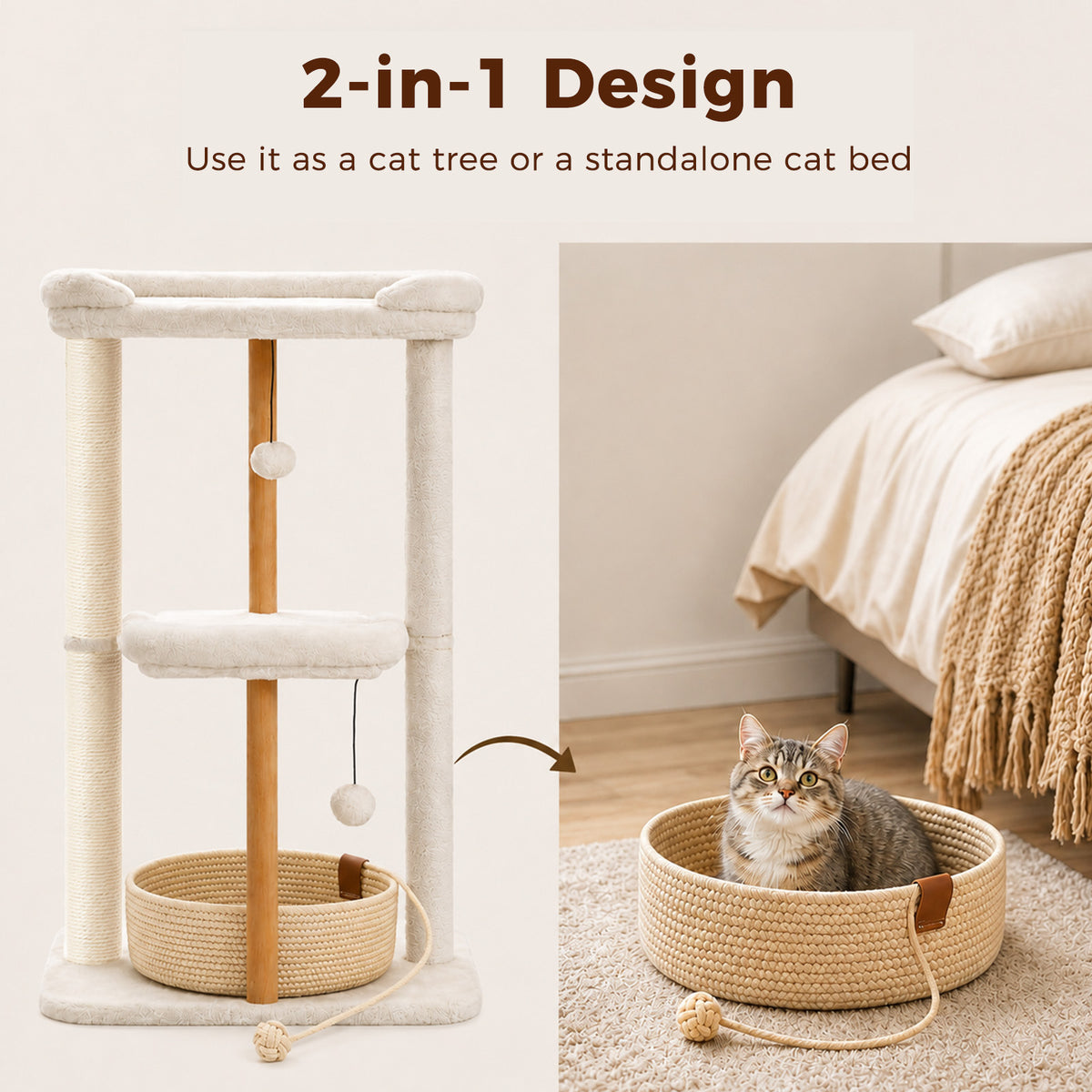 EcoPawPaw 88cm Premium Beech Wood Cat Tree – Large Top Bed, Removable Cat Basket & Sisal Scratching Post