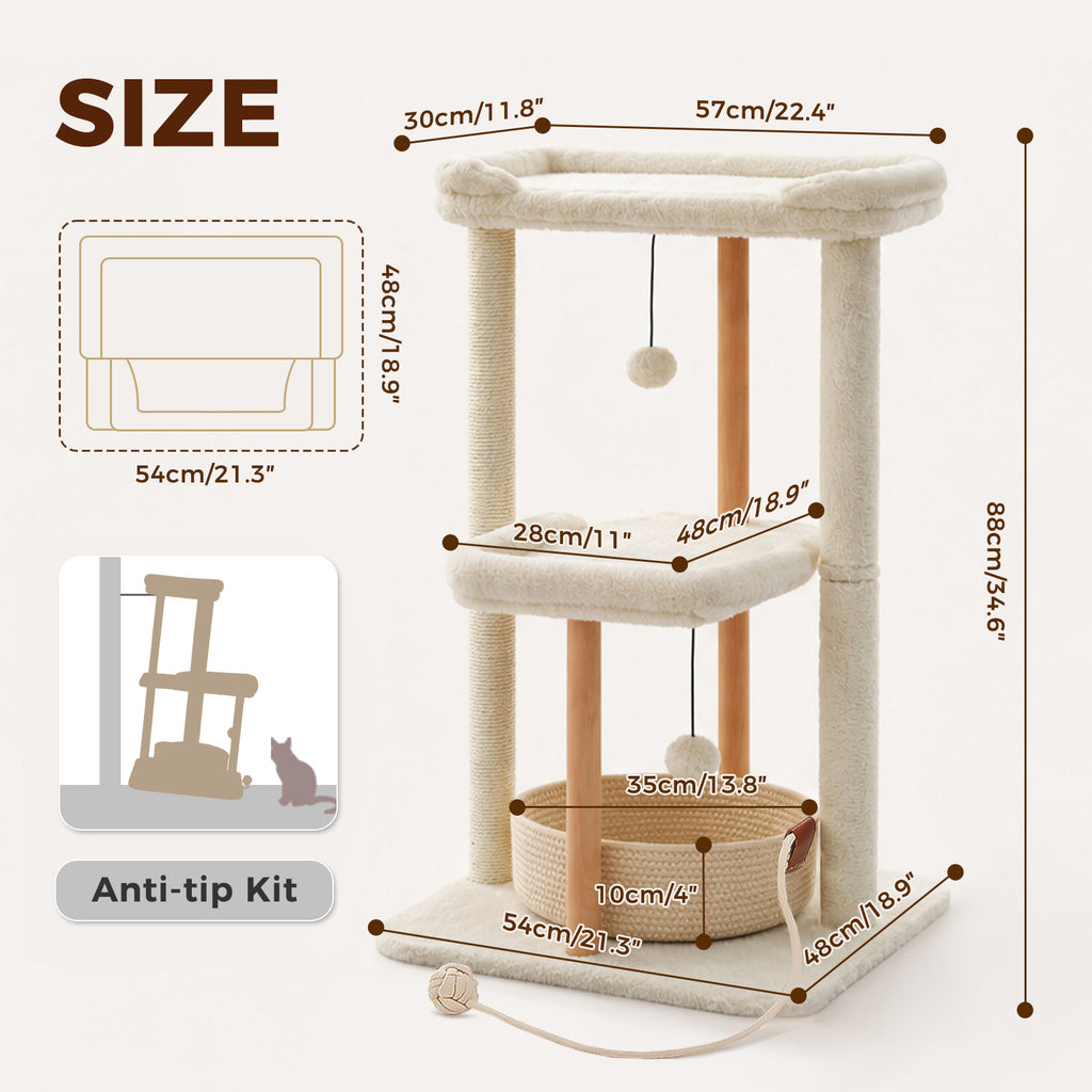 EcoPawPaw 88cm Premium Beech Wood Cat Tree – Large Top Bed, Removable Cat Basket & Sisal Scratching Post