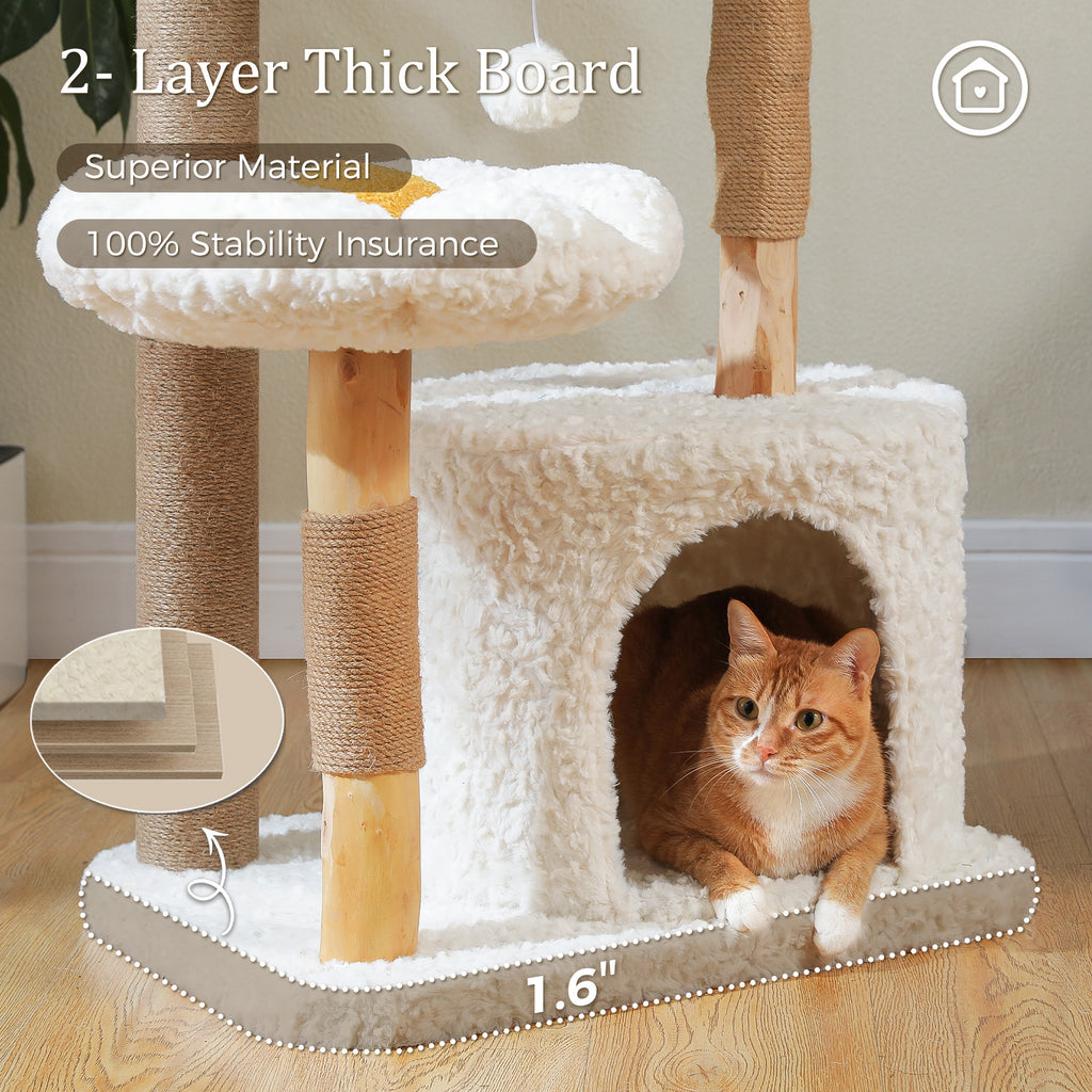 EcoPawPaw Natural Wood Cat Tree with Handwoven Rattan Basket, Hammock & Cat Condo | 123cm Luxury Cat Tower for Indoor Cats