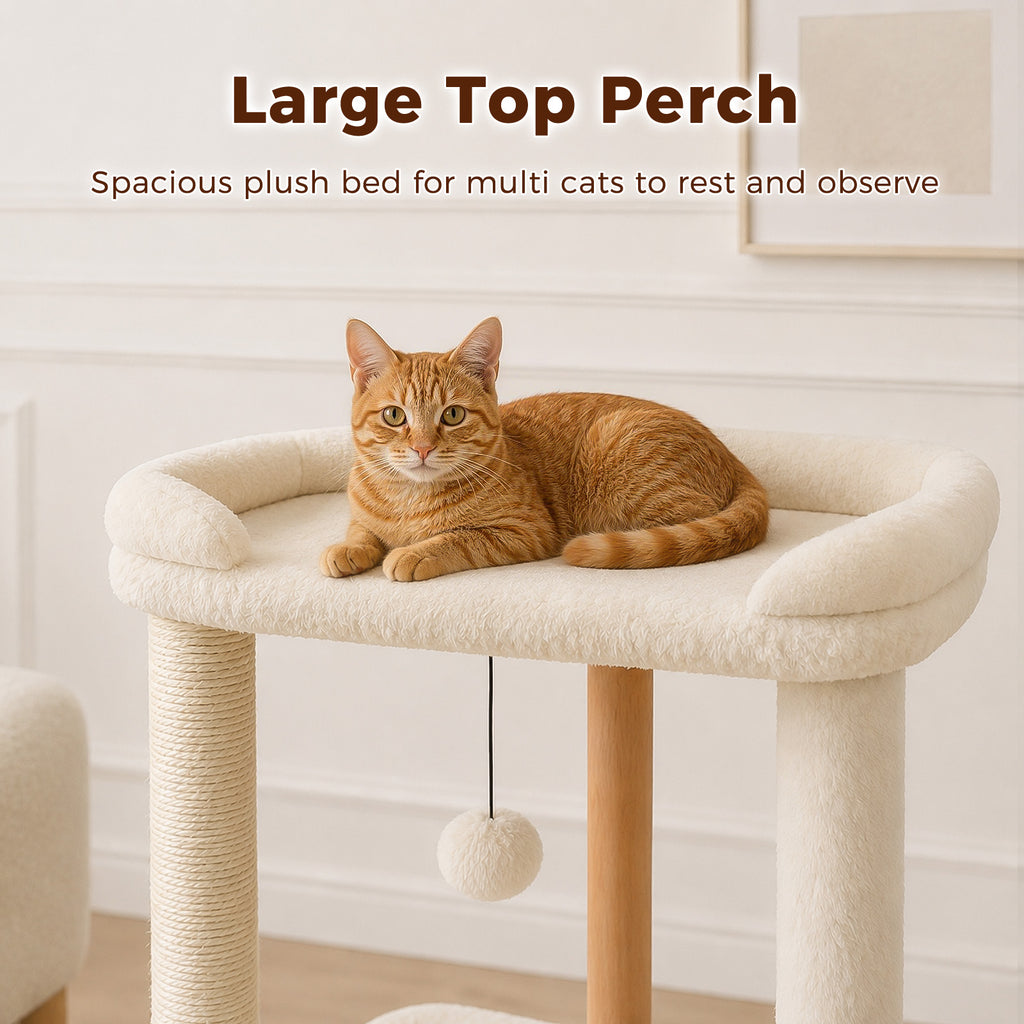 EcoPawPaw 88cm Premium Beech Wood Cat Tree – Large Top Bed, Removable Cat Basket & Sisal Scratching Post
