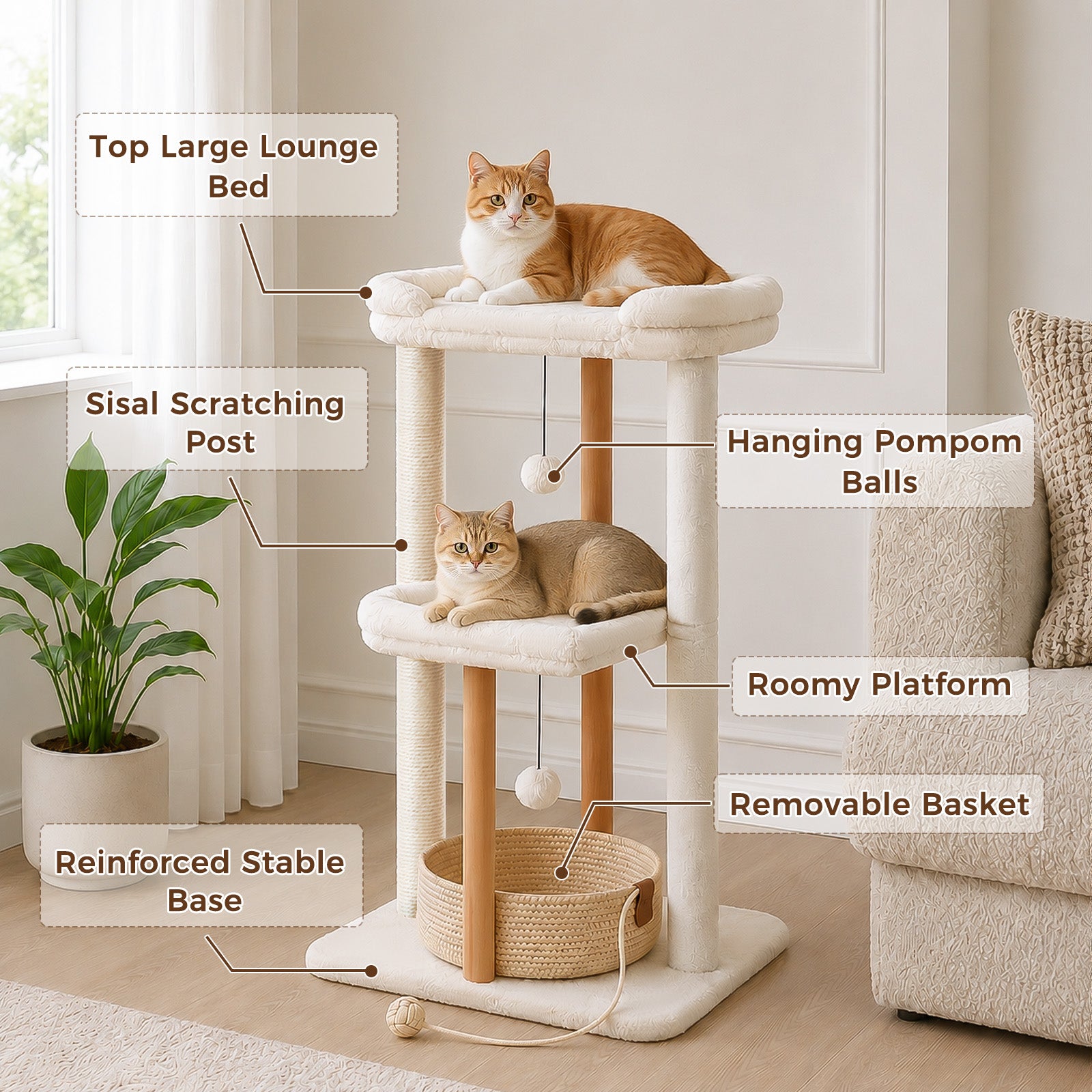 EcoPawPaw 88cm Premium Beech Wood Cat Tree – Large Top Bed, Removable Cat Basket & Sisal Scratching Post
